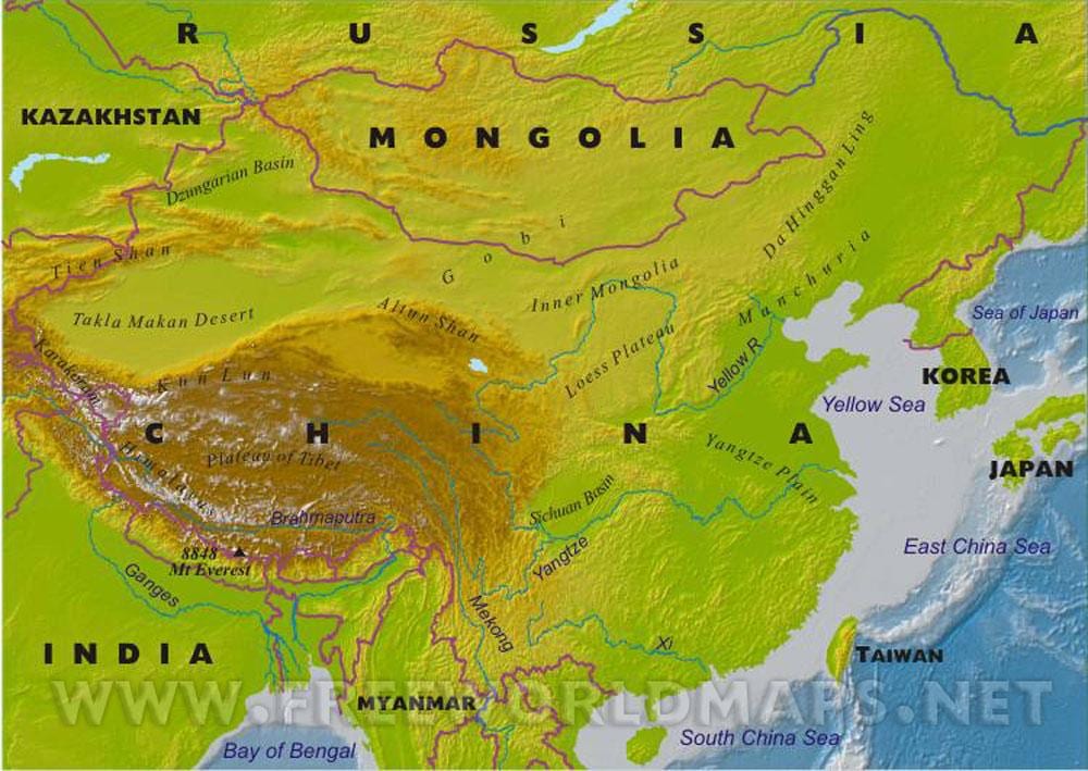карта на Кина со географски карактеристики