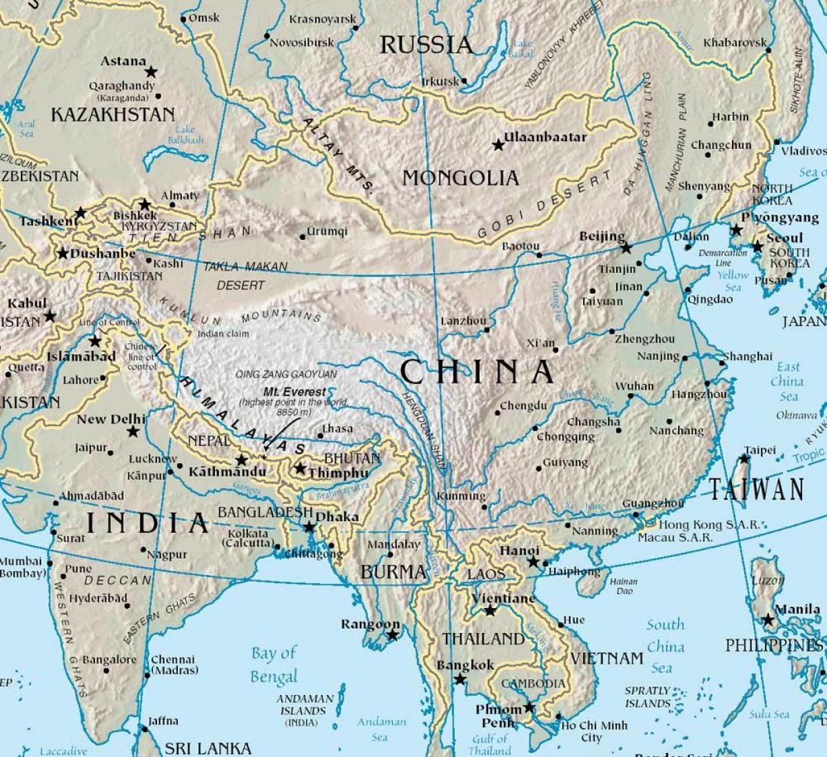 карта на Кина со планините